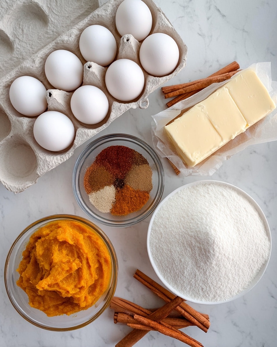 The image shows a white marbled surface with several baking ingredients arranged neatly. There is a tray holding nine white eggs on the top left. Below the eggs, there is a small glass bowl filled with mixed spices in brown and reddish tones. To the right of the spices, a small stick of butter wrapped in paper is placed horizontally. Next to the butter, a white bowl contains smooth orange pumpkin puree. To the right of the pumpkin, a large white bowl is filled with white granulated sugar. Finally, three cinnamon sticks rest on the white marbled surface near the sugar bowl. Photo taken with an iphone --ar 4:5 --v 7