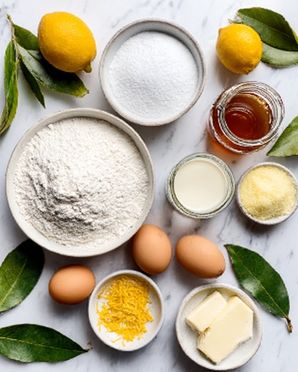 The image shows a white marbled surface with several small white bowls arranged neatly. One bowl is filled with white flour, another with granulated white sugar, and another with a powdery white ingredient. There is also a small glass jar of honey, a small glass jar of milk, and a small white bowl with yellow lemon zest. Three brown eggs are placed on the surface near the bowls, along with a small bowl of light yellow butter. Fresh green leaves and a couple of yellow lemons are placed around the bowls for decoration. The setup is clean, bright, and organized, with a clear focus on the ingredients. photo taken with an iphone --ar 4:5 --v 7