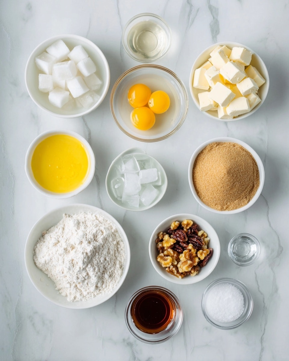 The image shows 11 small white bowls arranged on a white marbled surface, each containing different ingredients. Starting from the top center is a clear bowl with two raw yellow egg yolks surrounded by clear egg whites. To the right is a bowl filled with small cubes of white butter. Below the butter is a bowl of white flour with a slightly rough texture. To the bottom right is a bowl full of light brown sugar with a grainy texture. Below that is a small bowl with a mix of yellow raisins and brown pecan pieces. To the left of the raisins is a small bowl of melted yellow butter, smooth and glossy. Above the melted butter is a clear liquid in a small bowl, possibly oil. Above that is a bowl with light brown sugar or a similar powder. Centered in the middle is a bowl with ice cubes in clear water. Below the ice is a bowl with solid white coconut chunks. At the very bottom are two tiny clear bowls, one with a dark amber liquid, likely vanilla extract, and another with fine white salt. Photo taken with an iphone --ar 4:5 --v 7