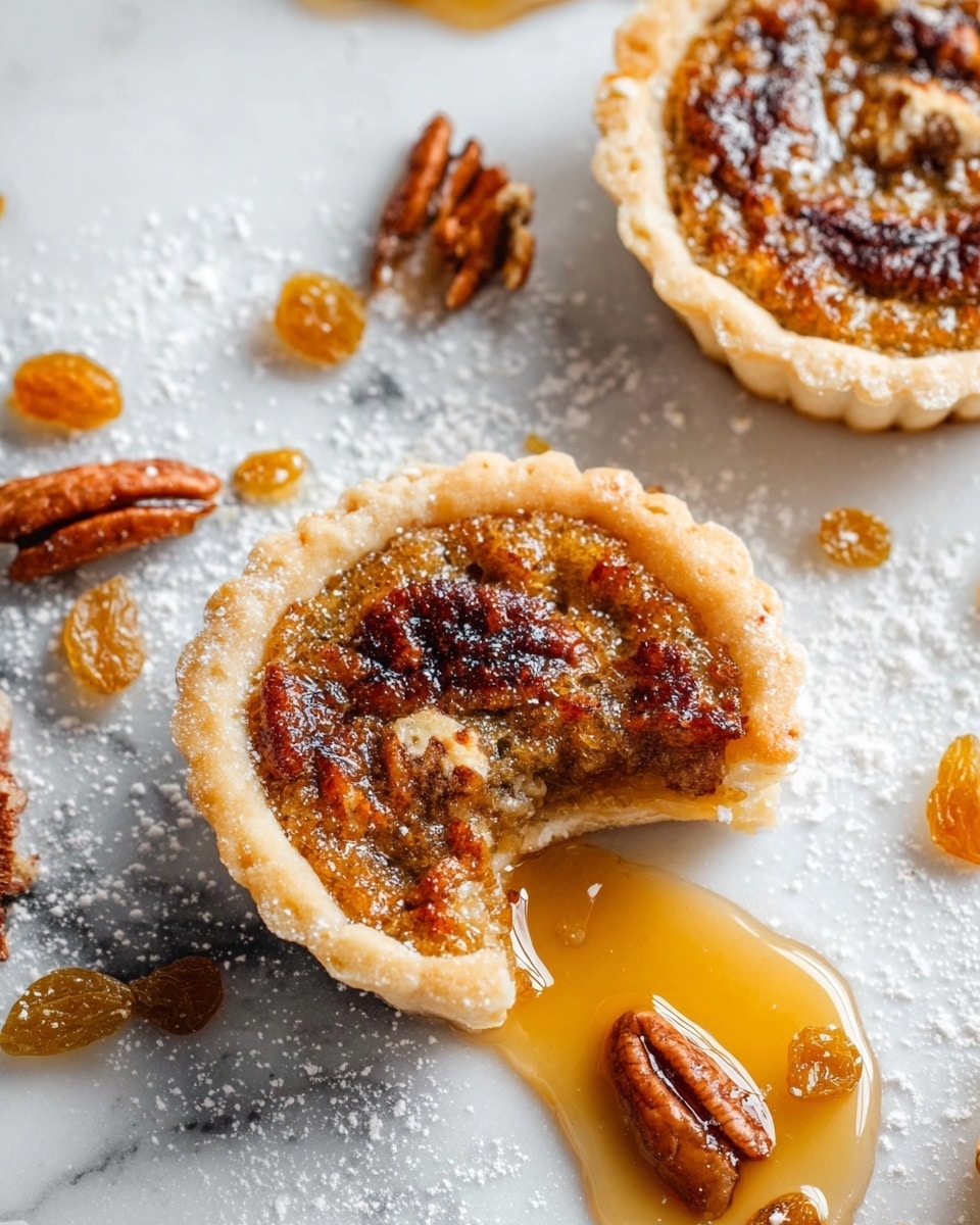 The image shows two mini tarts on a white marbled surface sprinkled with white flour. One tart is whole with a golden brown top that looks crunchy with visible textured caramelized spots and bits of pecans inside. The other tart had a small bite taken out of it, revealing a soft inside with golden syrup that is pooling on the surface next to it. Around the tarts are scattered golden raisins and small pieces of pecans. The crust is light-colored with ridged edges and looks crumbly. photo taken with an iphone --ar 4:5 --v 7