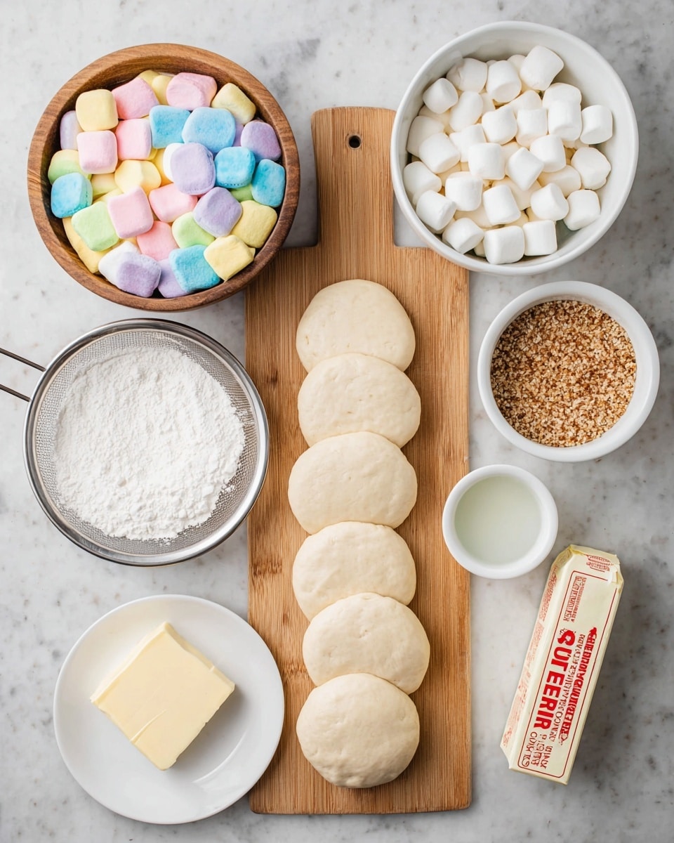 The image shows a white marbled surface with a wooden cutting board at the center holding eight round, thick dough pieces in a neat row. Above the cutting board to the left is a wooden bowl filled with colorful marshmallow shapes in pastel shades of pink, yellow, blue, and purple. To the right of the bowl is a small white bowl with a clear liquid. At the top right side of the cutting board, a large white bowl is filled with small white marshmallows. Next to it is another white bowl containing brownish granules. Below the cutting board on the left is a white plate with powdered sugar inside a metal sieve resting on it. At the bottom right corner is a stick of unsalted butter with visible text on the wrapper. Photo taken with an iphone --ar 4:5 --v 7