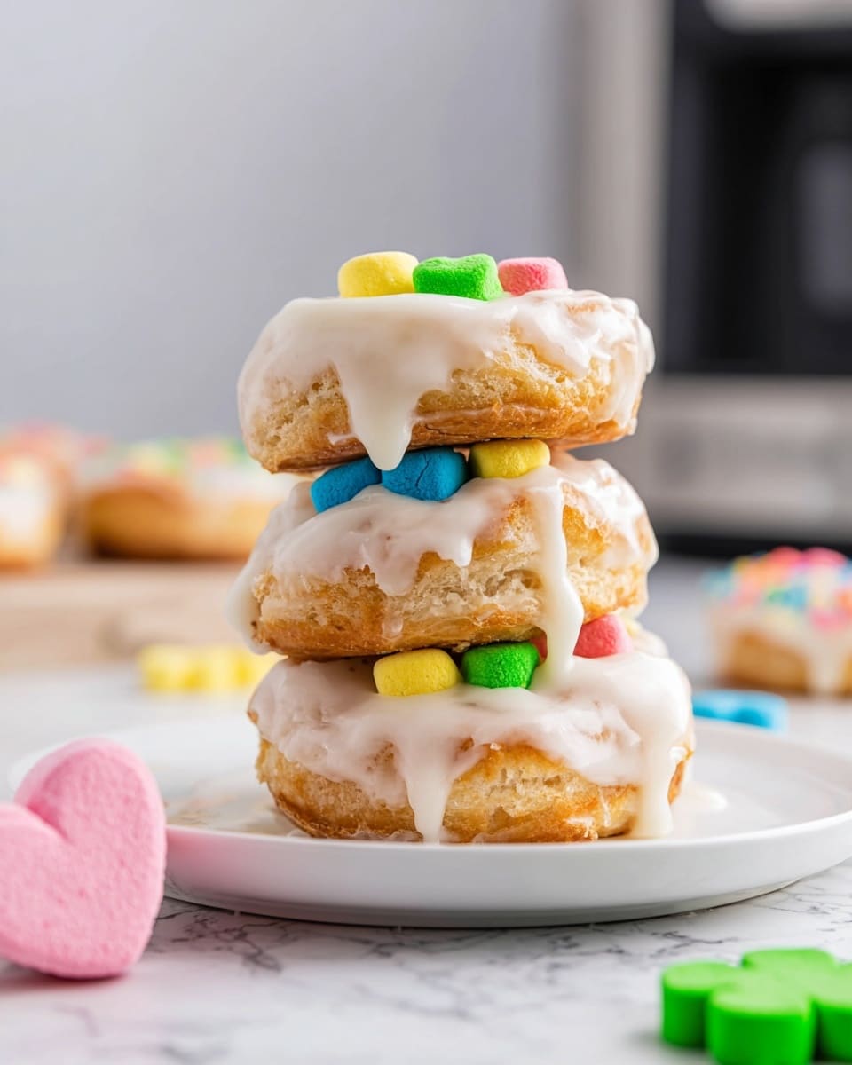 A stack of three light, fluffy pastries sits on a white plate over a white marbled surface. Each pastry is thick with a golden-brown crust and is covered in a smooth white glaze that drips slightly over the edges. Between the pastries are small colorful marshmallow pieces in bright green, red, blue, and yellow, adding vibrant pops of color. Around the plate are more marshmallow shapes, including a pink heart and a green clover. The background is softly blurred, showing more pastries and a modern kitchen setting. Photo taken with an iphone --ar 4:5 --v 7