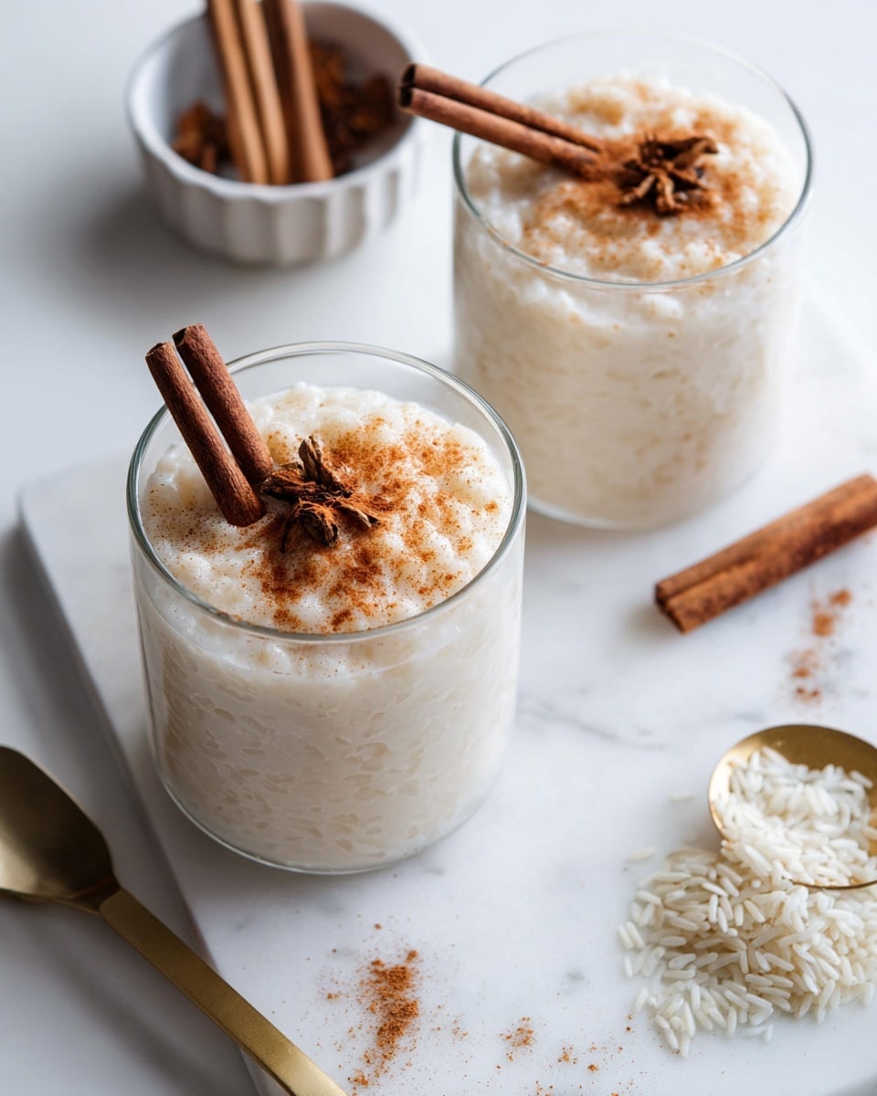 Two transparent glasses each have a creamy white rice pudding with visible rice grains, topped with brown cinnamon powder and two brown cinnamon sticks. The glasses sit on a white marbled surface with a gold measuring spoon containing uncooked white rice and some scattered cinnamon powder beside them. A white bowl with brown cinnamon sticks is partially visible in the corner. The photo taken with an iphone --ar 4:5 --v 7