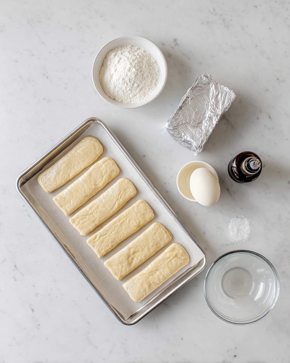 Six flat rectangular pieces of light beige dough are laid out evenly on a silver baking tray lined with parchment paper. Nearby on a white marbled surface, there is a small white bowl filled with white powder, a clear glass bowl holding a single white egg, a small empty clear glass bowl, a silver-wrapped block of butter, and a small dark bottle, possibly vanilla. The scene is clean and neat with a bright, soft light. Photo taken with an iphone --ar 4:5 --v 7