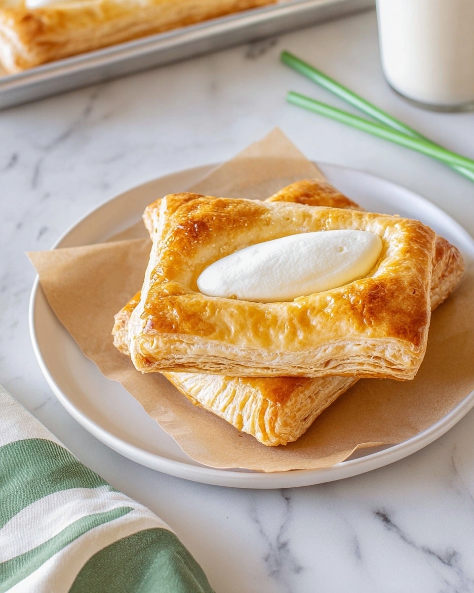 Two rectangular golden brown puff pastries with a slightly shiny and flaky texture are stacked on top of each other on a white round plate. Each pastry has a smooth, oval-shaped dollop of white creamy filling in the center. The plate sits on a white marbled surface with a piece of brown paper featuring green wavy stripes partially beneath it. A couple of green straws lie nearby, and a white towel is partially visible in the lower left corner. In the background, a metal tray holds another similar pastry. Photo taken with an iphone --ar 4:5 --v 7