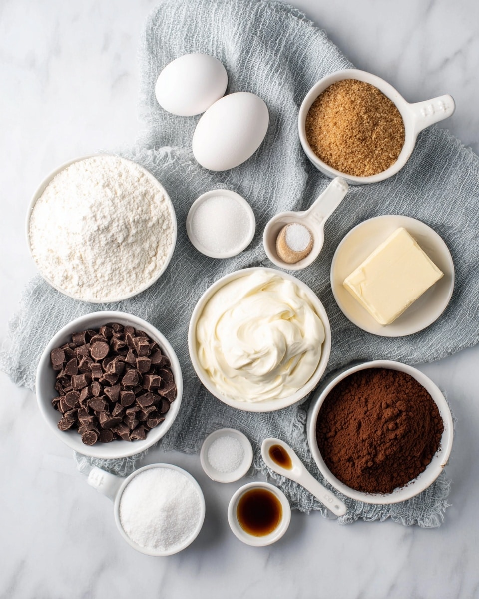 A collection of baking ingredients arranged on a soft, light gray textured cloth placed over a white marbled surface. There are two white eggs lying beside a small white bowl filled with white sugar, and another white bowl containing a smooth, white cream or sour cream. To the right, a white measuring cup is filled with brown sugar, next to a small dish holding a chunk of pale yellow butter. A white bowl with white flour is near a larger white bowl packed with small dark brown chocolate chips. Below, a white measuring cup holds dark cocoa powder, adjacent to small spoons holding vanilla extract and a white powder like baking soda. Everything is neatly placed in clusters, showing a variety of textures from smooth creams to crumbly powders and solid pieces, all on a soft neutral cloth and white marble background photo taken with an iphone --ar 4:5 --v 7
