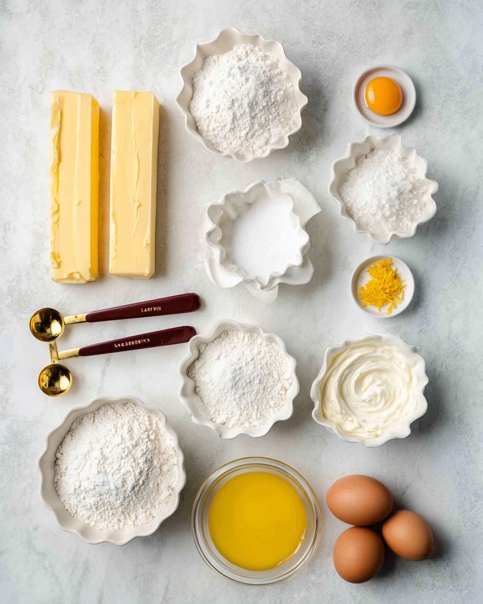 A flat lay of baking ingredients arranged neatly on a white marbled surface, including two sticks of yellow butter on the left, a small white bowl with three brown eggs at the bottom right, and a small white bowl with one egg yolk above it; three measuring spoons with wooden and gold handles are placed in a row on the left between the butter and eggs; there are four white bowls containing different powders and pastes: one with white flour with a scalloped edge near the top left, one with white powdered sugar with a scalloped edge near the top right, one with granulated white sugar in a fluted bowl near the top center-right, one with yellow zest in a small bowl near the center top, and one with thick white cream in a bowl at the top left corner; a small clear glass bowl with yellow melted butter is placed near the center; all items are spaced and aligned clearly for easy visibility photo taken with an iphone --ar 4:5 --v 7