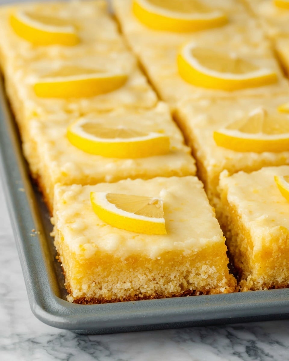 The image shows a tray of lemon bars cut into rectangular pieces. Each piece has two layers: a bottom crust layer that is crumbly and light yellow, and a smooth, creamy lemon filling on top that is a pale yellow. Each lemon bar is decorated with a small, bright yellow lemon wedge placed near the center. The tray is gray, sitting on a white marbled surface, and the bars appear fresh and slightly soft. photo taken with an iphone --ar 4:5 --v 7