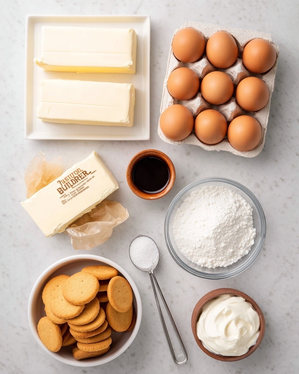 The image shows a white rectangular plate at the top holding three large blocks of cream cheese, each smooth and pale off-white. Below this, there is a white container holding six brown eggs with smooth shells. To the right of the eggs, a small brown cup filled with dark liquid sits on a white marbled surface. Next to it is a clear bowl heaped with fine white powdered sugar. Below the powdered sugar, a pale yellow stick of butter wrapped in paper sits flat with black text visible. In the lower left, a white bowl is full of round golden-brown vanilla wafers, stacked unevenly with some overlapping. Near the center is a shiny metal measuring spoon with a small amount of white salt. To the right of the spoon is a small white bowl filled with granulated white sugar. Finally, in the bottom right corner, there is a small brown bowl filled with smooth white sour cream. All items are arranged on a white marbled surface. photo taken with an iphone --ar 4:5 --v 7