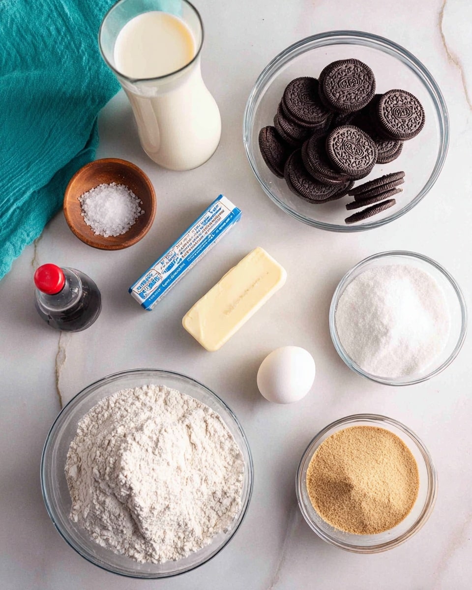 The image shows several clear glass bowls and containers arranged on a white marbled surface. From top to bottom, there is a tall clear glass container of light cream-colored milk, a medium clear bowl filled with dark chocolate sandwich cookies stacked loosely, and a small clear bowl with white powder. To the left, there is a medium clear bowl filled with white granulated sugar, a small wooden bowl with coarse salt, and a small dark bottle with a red cap. Below these are two white eggs side by side, a stick of butter with blue and white packaging, and a medium clear bowl filled with light brown sugar. At the bottom of the image, there is a large clear bowl filled with white flour. In the top left corner, a teal cloth is partially visible. The photo taken with an iphone --ar 4:5 --v 7