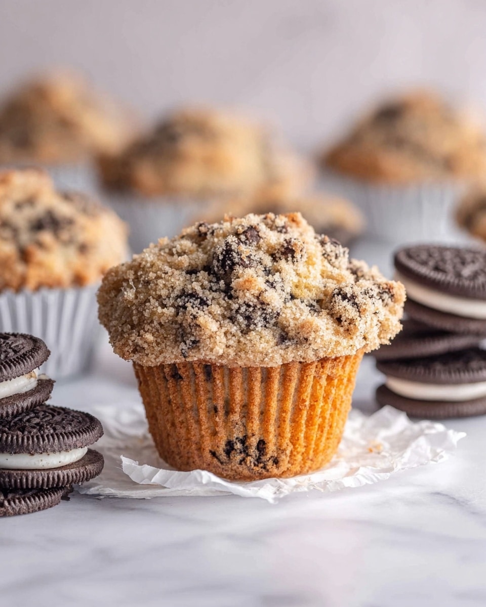 The image shows a single muffin resting on a white crumpled paper liner that is spread out on a white marbled surface. The muffin has two visible layers: a lighter golden-brown base with dark specks throughout and a top crumb layer that is crumbly and has a mix of light brown and dark chocolate chunks. Surrounding the muffin are stacked chocolate sandwich cookies with cream filling, adding a dark contrast to the otherwise light colors. The background is softly blurred, showing more muffins in silver foil liners and more cookies slightly out of focus, creating a cozy and inviting feel. Photo taken with an iphone --ar 4:5 --v 7