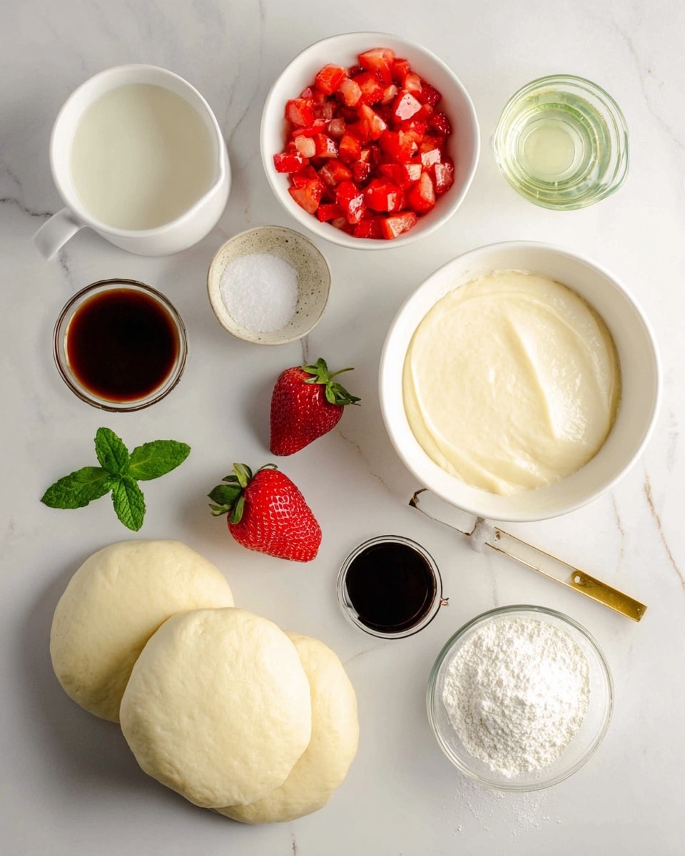 The image shows ingredients laid out on a white marbled surface. There are two wrapped round dough pieces stacked at the bottom left, above them a white cup filled with a light cream liquid. To the left, a white bowl full of finely chopped red strawberries sits. To the right, a white bowl containing a smooth, creamy, off-white mixture is placed. Above this bowl is a small glass container with a clear liquid and a small green mint sprig beside it. Near the center, two fresh whole strawberries lay next to a small glass bowl with a dark liquid and another small glass bowl holding a light beige powder. A gold measuring cup filled with white granulated sugar is near the top right. The scene is brightly lit with soft shadows. Photo taken with an iphone --ar 4:5 --v 7