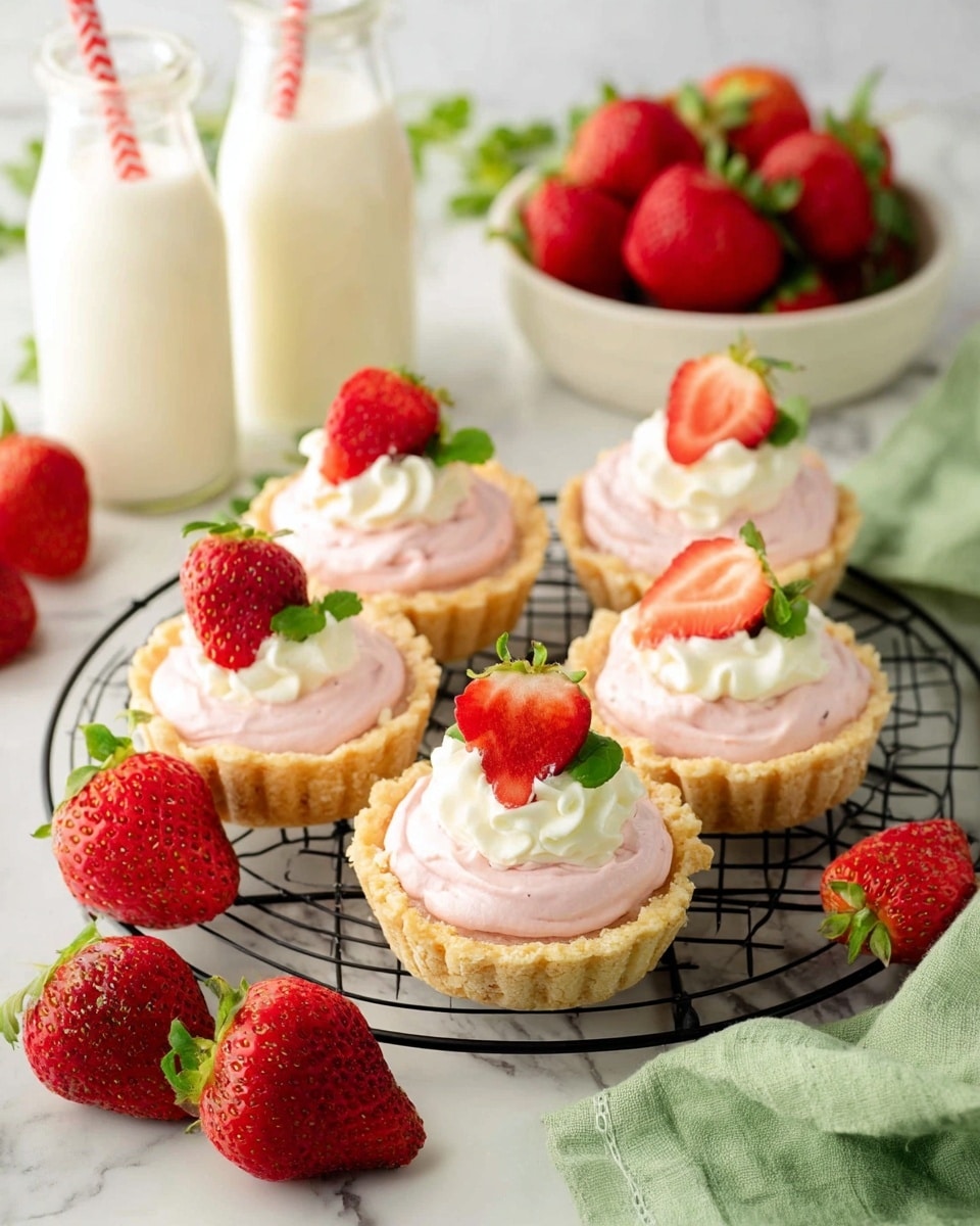 The image shows five small tartlets arranged on a black wire rack over a white marbled surface. Each tartlet has three visible layers: a golden-brown crispy crust as the base, a soft pink creamy filling, and a dollop of white whipped cream on top. Each tartlet is garnished with fresh red strawberries, some halved and others whole with green leaves. Surrounding the tartlets are whole and halved strawberries, a white bowl filled with strawberries, two small glass bottles of milk with red-striped straws, and a green cloth on the lower right corner. The scene is brightly lit and has a fresh, clean look. photo taken with an iphone --ar 4:5 --v 7
