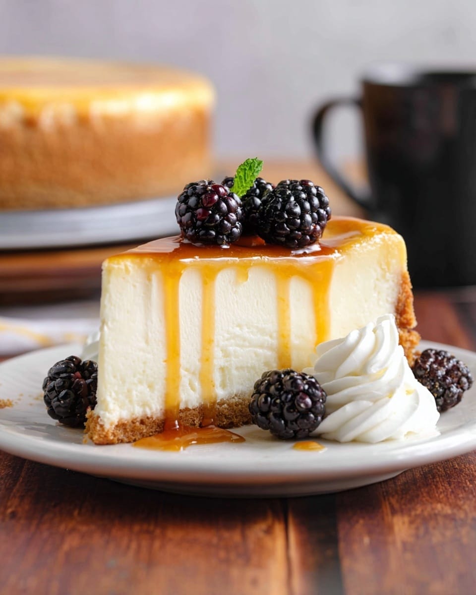 A slice of cheesecake sits on a white plate, showcasing three layers: a crumbly light brown crust at the bottom, a thick creamy pale yellow middle, and a shiny caramel brown top with slight burnt spots. On the top edge, there are four white whipped cream dollops with a few fresh blackberries and a small green mint leaf placed between them. There is caramel sauce drizzled on the plate around the cake. A fork holds a small piece of cheesecake crust and filling to the left of the slice. Around the plate, there are extra blackberries on the white marbled surface along with a few green mint leaves. Photo taken with an iphone --ar 4:5 --v 7