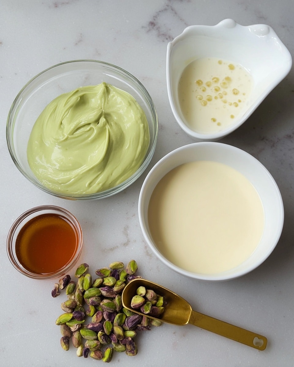 A clear glass bowl with a smooth, creamy light yellow mixture sits on the right side, next to three white bowls; one bowl contains thick green paste with a shiny, smooth texture, another bowl holds a lighter creamy mixture with small bubbles on top, and a small white bowl shaped like a splash contains a dark amber liquid. Below these bowls, a small golden scoop is filled with a pile of green pistachio nuts with purple hints. All items are placed on a white marbled surface. photo taken with an iphone --ar 4:5 --v 7