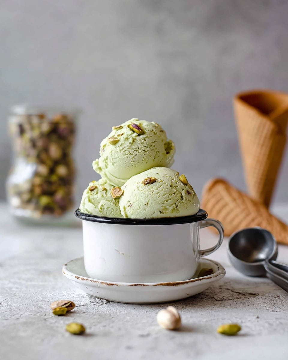 Two round scoops of pale green ice cream with small bits of nuts are placed in a white enamel cup with a black rim and handle. The cup sits on a white rustic ceramic saucer on a white marbled surface. Scattered pistachio nuts lie around the cup, and in the blurred background are a glass jar filled with stacked cones and an empty cone laying down. To the right, a metal ice cream scoop rests partly visible. The photo has soft natural light and a neutral gray textured background. photo taken with an iphone --ar 4:5 --v 7