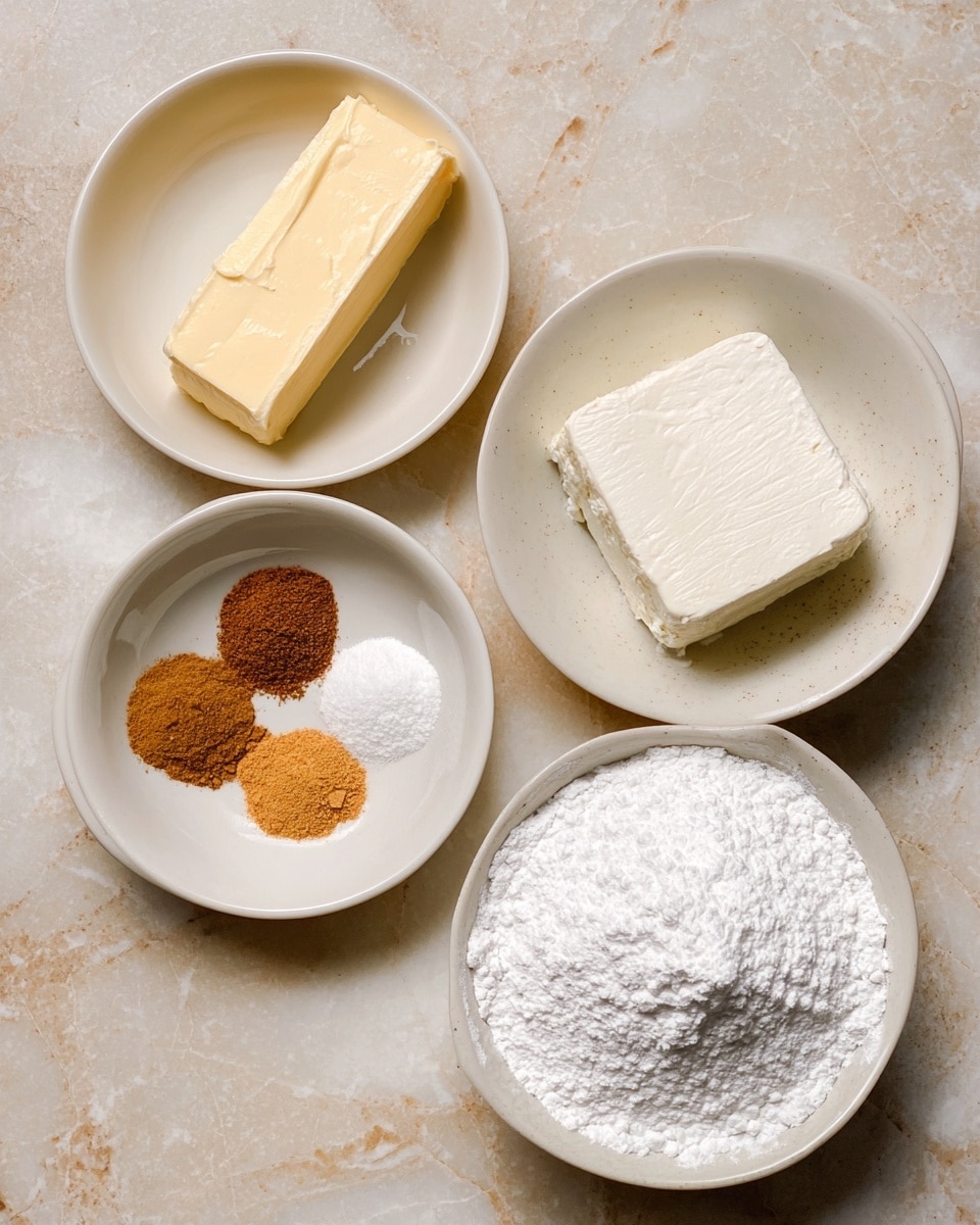 Four white bowls sit on a white marbled surface, each holding different ingredients. The top-left bowl contains a pale yellow stick of butter with a soft texture. To the right, there is a bowl with a white, firm block of cream cheese. Below the butter, a small bowl holds six small piles of ground spices in shades of brown, tan, and warm orange. At the bottom right, a larger bowl is filled with white powdered sugar that looks soft and fluffy. The bowls are arranged close together, creating a neat and organized layout. photo taken with an iphone --ar 4:5 --v 7