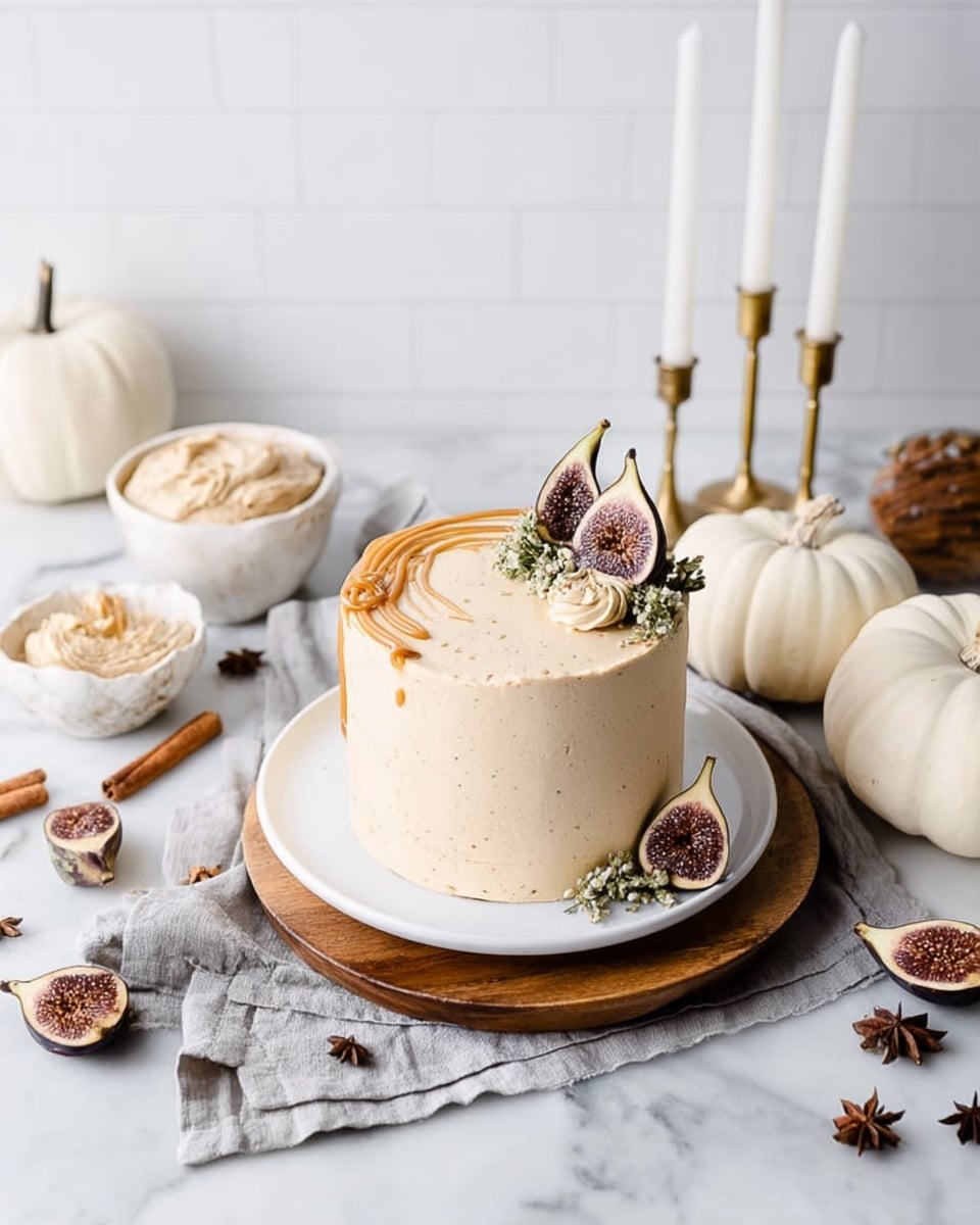 A tall, round cake with smooth light tan frosting sits in the center on a white plate, which is on a wooden board. The top of the cake has a thin swirl of caramel and is decorated with two dark purple figs cut in half, some star anise, and a sprig of herbs on one side. Around the cake, there are whole white pumpkins, two lit gold candlesticks, a white bowl with tan frosting inside, and a white bowl holding figs. Loose figs, cinnamon sticks, and star anise are scattered on a white marbled surface. A woman’s hand is holding a small knife with a light wooden handle, laid on a beige cloth near the cake. Photo taken with an iphone --ar 4:5 --v 7
