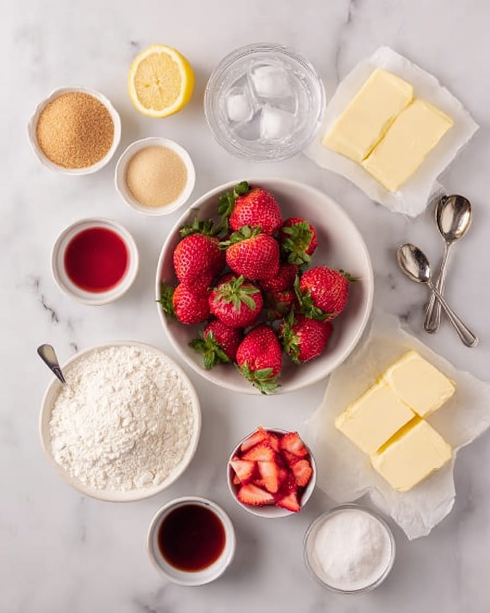 The image shows a top view of fresh cooking ingredients arranged on a white marbled surface. In the center, there is a white bowl filled with whole bright red strawberries with green leaves on top. Around it, small white bowls and glass containers hold different ingredients: light brown granulated sugar, golden brown sugar, white flour, white powdered sugar, cream-colored wet mixture, and sliced strawberries. There is also a small glass of water with ice, a half lemon with a yellow peel and visible seeds, and several measuring spoons filled with dark red liquid and white powders. Blocks of light yellow butter sit on white parchment paper. The layout is neat and clean with soft natural light, showcasing the freshness of the ingredients. photo taken with an iphone --ar 4:5 --v 7