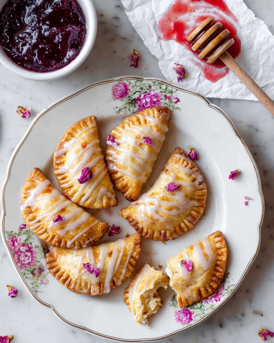 A white plate with a floral and gold trim holds seven golden-brown, half-moon shaped pastries with crimped edges, drizzled with a light white glaze and topped with small pink flower petals. To the top left of the plate, a white bowl contains dark red jam with a shiny, slightly chunky texture. To the top right, a wooden honey dipper lies on a white marbled surface next to a folded piece of white parchment paper with red jam smears and one pastry piece with a bite taken out, also drizzled with white glaze and decorated with pink petals. Photo taken with an iphone --ar 4:5 --v 7