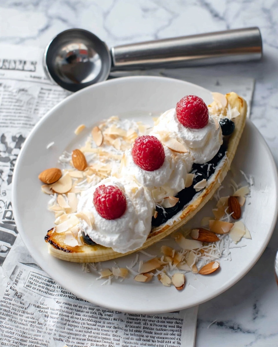 A white plate holds a split banana as the bottom layer, slightly browned on the edges. Inside the banana, there is a layer of dark blueberries. On top of the blueberries, there are three dollops of white whipped cream placed in a row. Each dollop is topped with a bright red raspberry. Around the banana and cream, toasted coconut flakes and thin almond slices are scattered for texture. On the left side of the plate, a metal ice cream scoop rests. The plate is set on a white marbled surface with a black and white newspaper underneath part of it. photo taken with an iphone --ar 4:5 --v 7