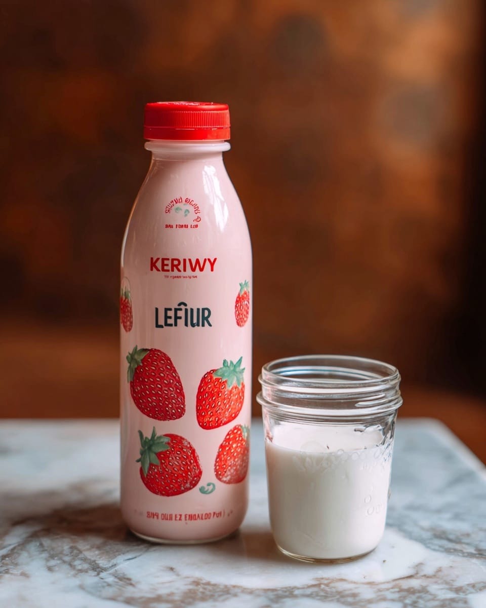 The image shows a bottle of strawberry kefir with a red cap and a pale pink label featuring illustrations of bright red strawberries with green leaves near the bottom. The bottle is placed on a white marbled surface. Next to it, on the right side, there is a small clear glass jar filled halfway with white kefir. The background is blurred with warm brown tones that contrast softly with the pale colors of the kefir and glass. photo taken with an iphone --ar 4:5 --v 7