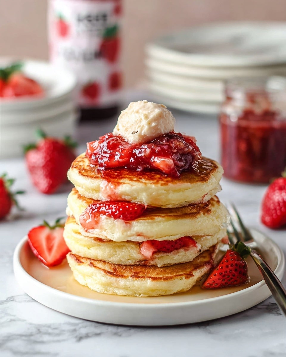 A stack of four thick, golden-brown pancakes sits on a white plate against a white marbled surface. Between each pancake layer are thin slices of bright red strawberries. The top pancake is covered with chunky strawberry sauce and more chopped strawberries, crowned with a small scoop of pale cream-colored butter. In the background, blurred stacked white plates, a red and white container, and fresh whole strawberries add color to the scene. photo taken with an iphone --ar 4:5 --v 7