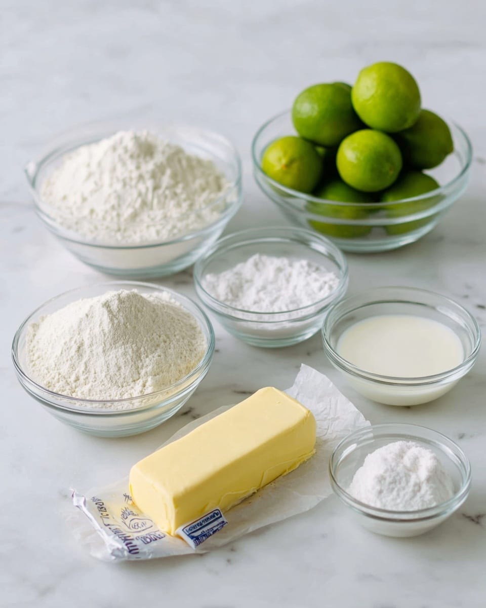 The image shows several glass bowls and a stick of butter arranged on a white marbled surface. At the center front, there is a pale yellow stick of butter on a partially opened wrapper. Behind it, from left to right, there are clear bowls filled with white powder, a larger bowl filled with flour, a smaller bowl filled with green limes stacked with some on top of each other, and a bowl filled with white creamy liquid. To the right of the butter are three smaller bowls, each containing white or off-white ingredients with smooth or powdery textures. The setup looks clean and bright with a soft natural light illuminating the items. photo taken with an iphone --ar 4:5 --v 7