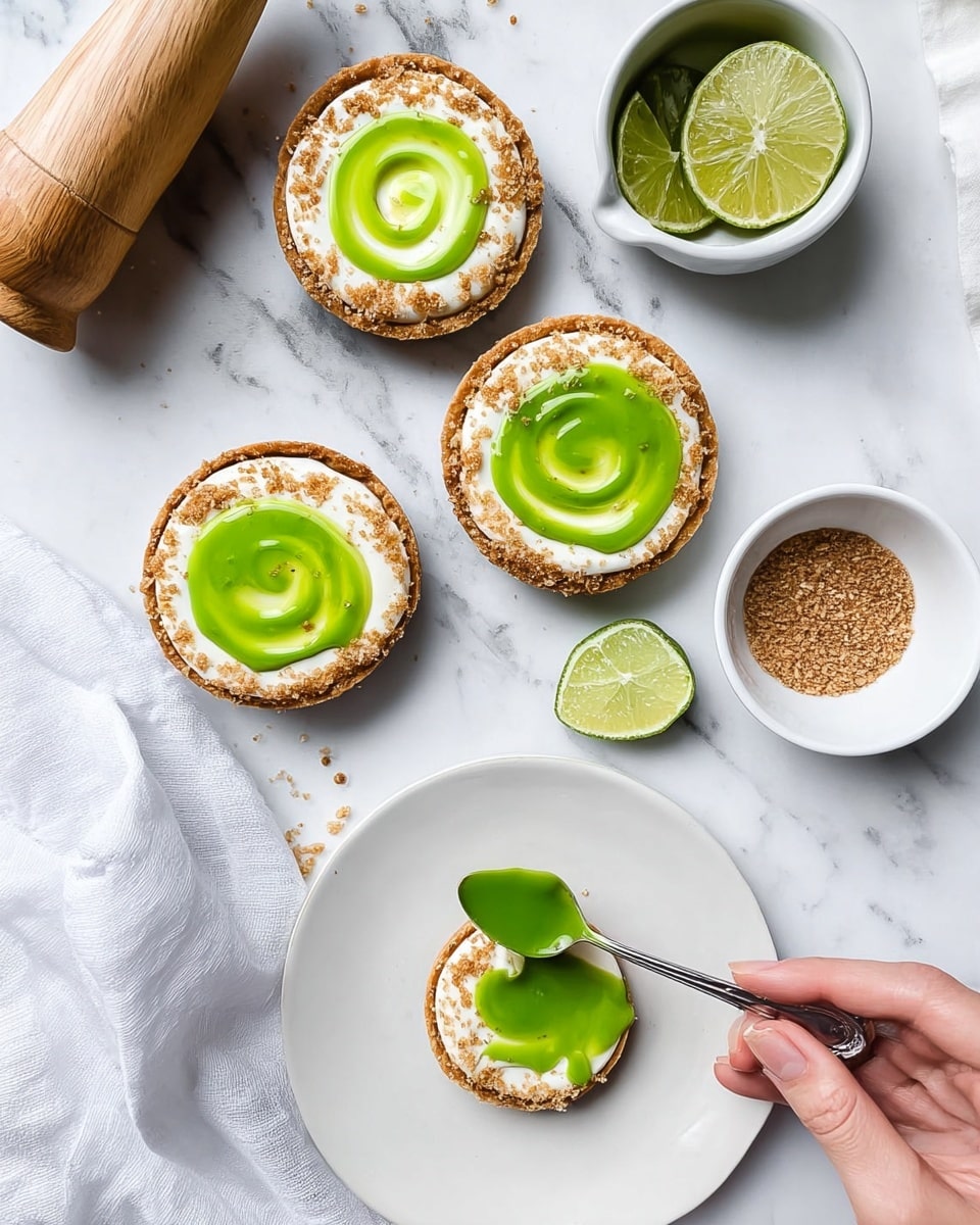 The image shows three small round tartlets on a white marbled surface; each tartlet has a golden-brown crust layer as the base, followed by a creamy white layer, topped with a bright green swirl of sauce, and sprinkled with light brown crumbly bits around the edges. One tartlet is placed on a white plate near the bottom, where a woman's hand is holding a spoon with green sauce, about to add more on top. Around the tartlets, there is a small white bowl with brown crumbs, two lime halves, a small white bowl filled with green sauce, and a wooden citrus reamer. A white cloth napkin is partially visible on the left side of the frame. Photo taken with an iphone --ar 4:5 --v 7