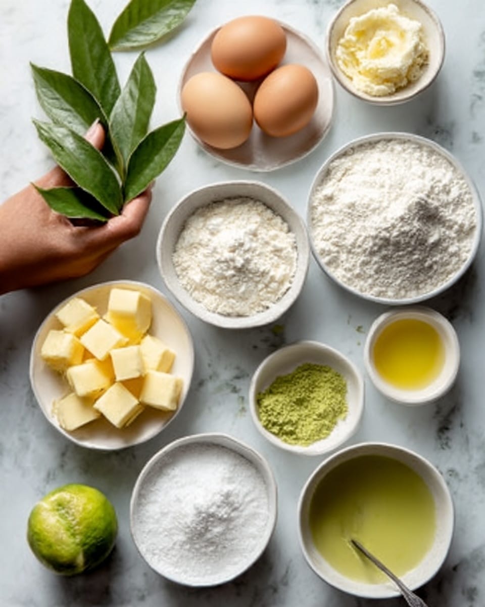 The image shows a white marble surface with several white bowls and a woman's hand holding fresh green leaves. There are two eggs positioned near the center, next to a bowl of cubed yellow butter. Nearby are bowls with white flour, granulated sugar, and powdered sugar. A small white bowl contains a yellow liquid, likely oil, while another holds a green paste or zest. A halved lime with bright green flesh is seen near a small white bowl filled with a matching green liquid. The scene is well lit, with natural colors and soft shadows, arranged neatly in a casual cooking setup photo taken with an iphone --ar 4:5 --v 7