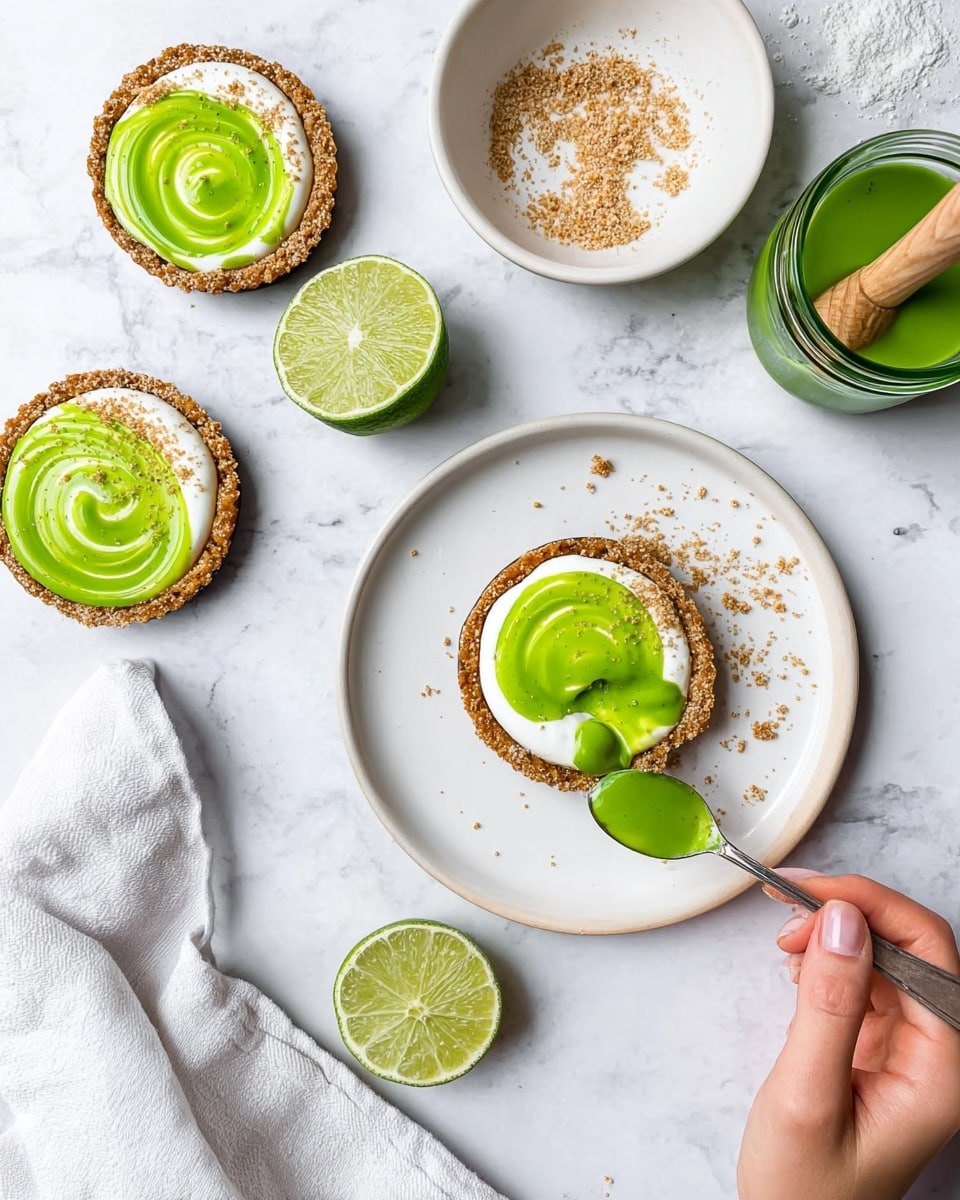The image shows three small round tartlets on a white marbled surface. Each tartlet has three layers: a brown crumbly crust at the bottom, a white creamy filling in the middle, and a bright green sauce swirled on top with some crumbs sprinkled around the edges. One tartlet is on a plain white plate, and a woman's hand is holding a spoon with green sauce, about to add it on top. Nearby, there is a small white bowl with crumbs, a halved lime, a wooden citrus juicer with a squeezed lime half, and a small glass jar filled with more bright green sauce. A white cloth is partially visible at the bottom left. Photo taken with an iphone --ar 4:5 --v 7