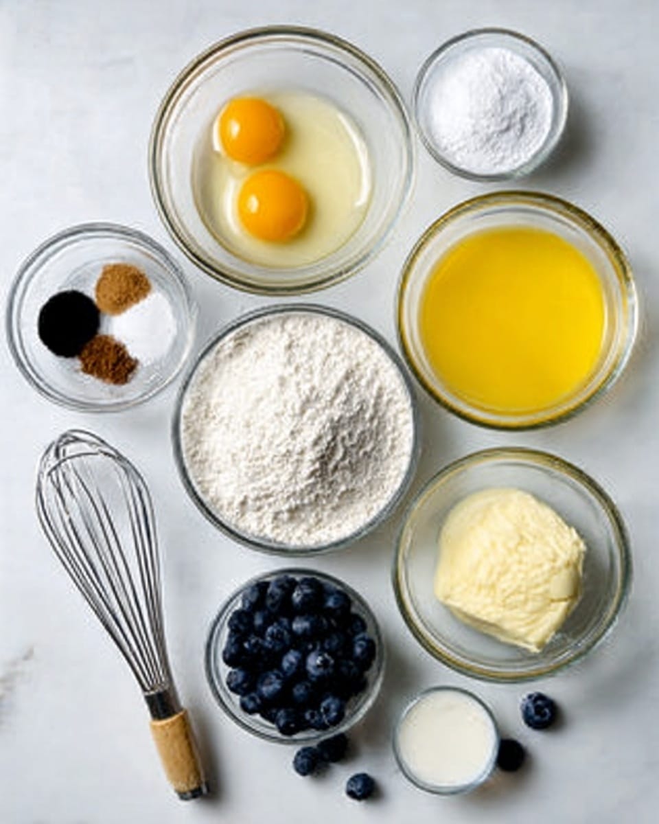 The image shows a white marbled surface with several clear glass bowls arranged neatly in a grid. There are seven bowls in total: one bowl with white flour at the bottom center, one with two beaten eggs yellow in color to the upper right of the flour, one with yellow melted butter at the far right, a bowl with white milk at the top right, a bowl with white sugar at the top left, a small bowl with brown and white powders (likely spices and baking powder) near the top center, and a bowl filled with fresh dark blue blueberries at the bottom left with some loose berries scattered next to it. A silver whisk with a tan handle lies diagonally on the bottom left near the flour bowl. The lighting is soft and natural. Photo taken with an iphone --ar 4:5 --v 7