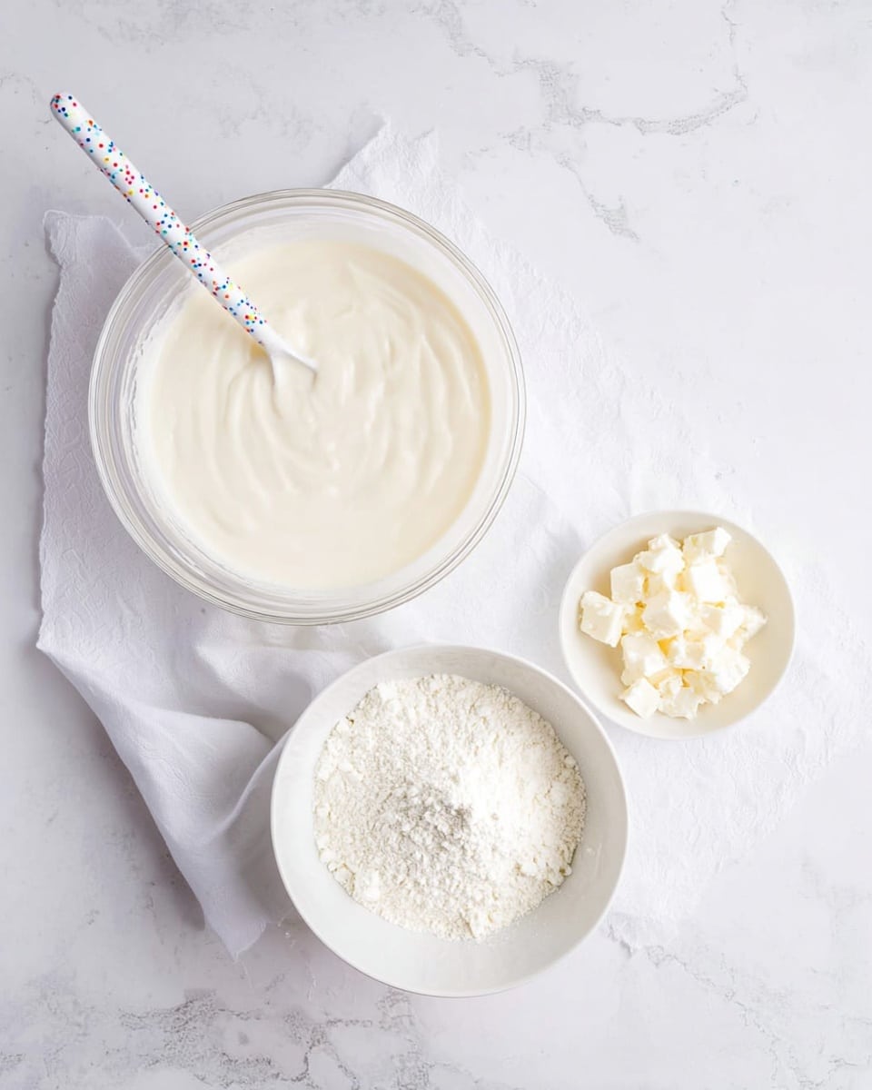 The image shows three bowls on a white marbled surface with a white cloth. The largest bowl is clear glass filled with a smooth, creamy white mixture and has a white spoon with colored markings inside. Below it, a medium-sized white bowl holds fine white flour. To the right, a smaller white bowl contains small chunks of white cheese. The bowls are arranged loosely in a triangular shape. Photo taken with an iphone --ar 4:5 --v 7