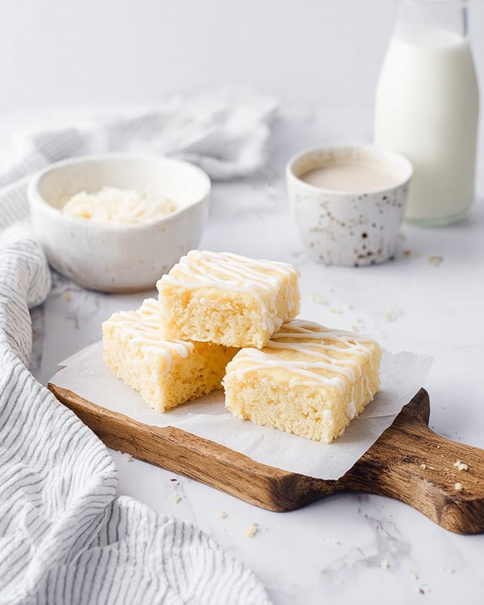 The image shows three square pieces of light yellow cake with a soft texture, placed on a small wooden board lined with white paper. Each piece has a thin white drizzle on top in a wavy pattern. The board is set on a white marbled surface. In the background, there is a white bowl with light cream, a white bowl with a speckled pattern, and a clear glass bottle filled with milk. A light gray and white striped cloth is softly crumpled near the cakes. Photo taken with an iphone --ar 4:5 --v 7