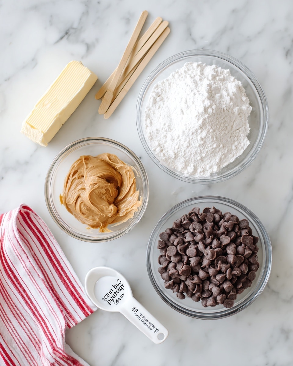 The image shows baking ingredients neatly arranged on a white marbled surface. There are three clear glass bowls: one large bowl at the top right filled with white powdered sugar, a medium bowl at the bottom center filled with dark brown chocolate chips, and a small white measuring cup marked