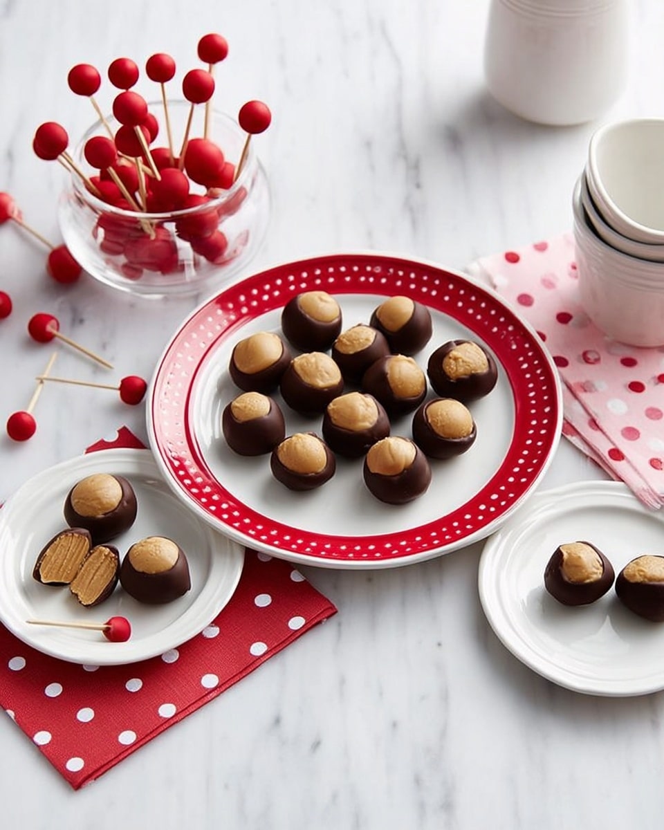 The image shows a white plate with a red dotted border filled with round chocolate-covered peanut butter balls that are light brown on top. On each side of this main plate, there are smaller white plates with one or two peanut butter balls each, along with a wooden toothpick topped with a small red ball. Behind the main plate, there is a clear glass bowl filled with toothpicks with red balls on top, and a white bowl and container are partially visible. The whole setup is on a white marbled surface with red and white polka-dotted napkins under the smaller plates. Photo taken with an iphone --ar 4:5 --v 7
