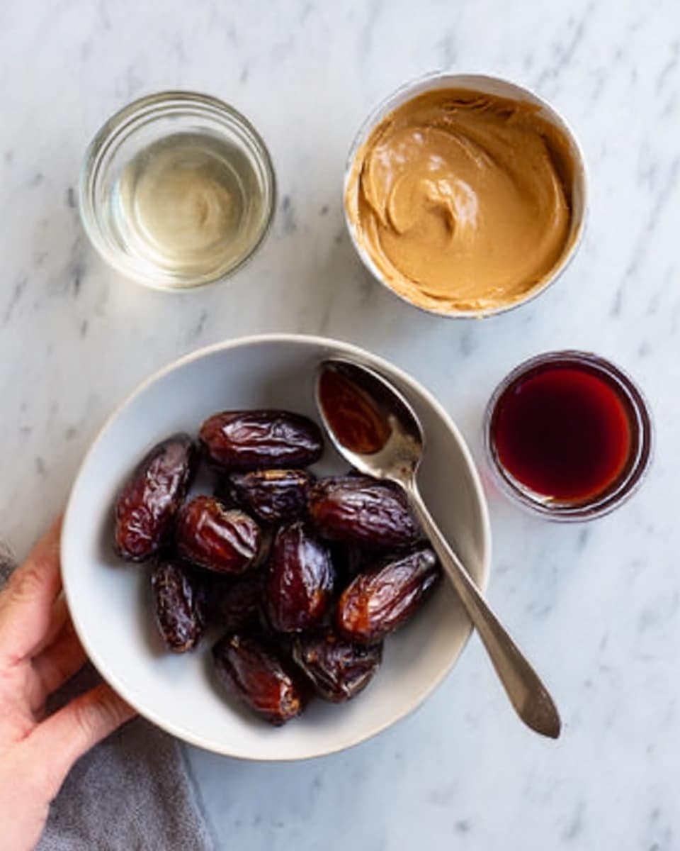 The image shows a white bowl filled with dark, shiny dates placed on a white marbled surface. Around the bowl, there are three measuring cups: one filled with a creamy light brown peanut butter, another with a clear liquid, and a small cup with a thick dark red syrup. A spoon rests inside the peanut butter measuring cup, and a woman's hand holds the handle of the spoon. The scene is bright and clean with a soft natural light. Photo taken with an iphone --ar 4:5 --v 7
