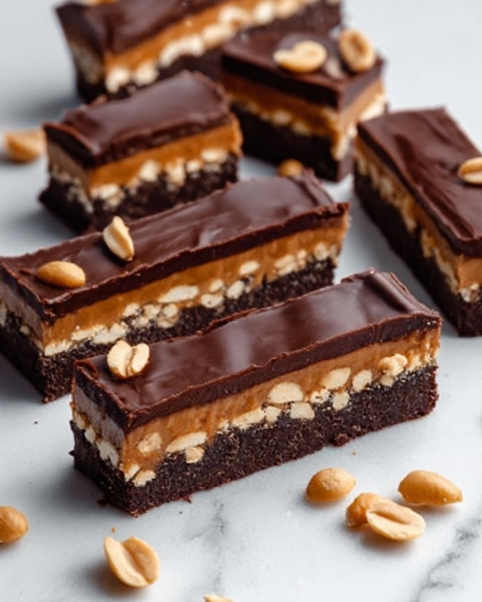 The image shows six brownie bars arranged on a white marbled surface. Each bar has three clear layers: the bottom layer is dark brown and thick with a rough texture, the middle layer is light brown and smooth with whole peanuts embedded in it, and the top layer is a shiny, dark chocolate glaze that is even and glossy. Some peanuts are scattered loosely around the bars, adding extra detail. The bars are rectangular with clean, sharp edges, and the lighting highlights the different textures of each layer. Photo taken with an iphone --ar 4:5 --v 7