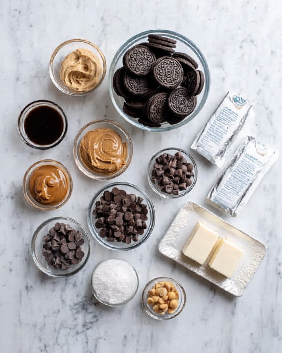 The image shows a white marbled surface with several clear glass bowls and small containers arranged neatly. In the center, there is a large clear bowl filled with whole Oreo cookies. Surrounding it are smaller bowls holding light brown peanut butter, dark brown chocolate chips, small round light brown candy pieces, and a dark liquid that looks like coffee or syrup. There are also small bowls with white powdered sugar and a light brown caramel-like sauce. Two clear dishes contain wrapped cream cheese blocks and a white rectangular powder packet. The setup looks organized and ready for cooking or baking. Photo taken with an iphone --ar 4:5 --v 7