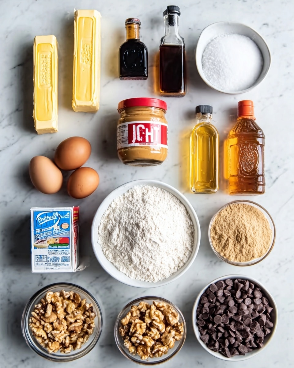 The image shows a flat lay of baking ingredients arranged neatly on a white marbled surface. There are two sticks of butter in light yellow wrappers at the top left, next to a bowl of white granulated sugar and a bottle of dark vanilla extract. Below, a jar of peanut butter with a red lid is centered, flanked by a woman’s two eggs on the left and a bottle of golden honey on the right. Below these are a bowl filled with chopped nuts, a box of baking soda, a large white bowl filled with white flour, a container of red canning powder, and a bowl with dark brown chocolate chips. The items are evenly spaced, showing a mix of smooth, powdery, and chunky textures. photo taken with an iphone --ar 4:5 --v 7