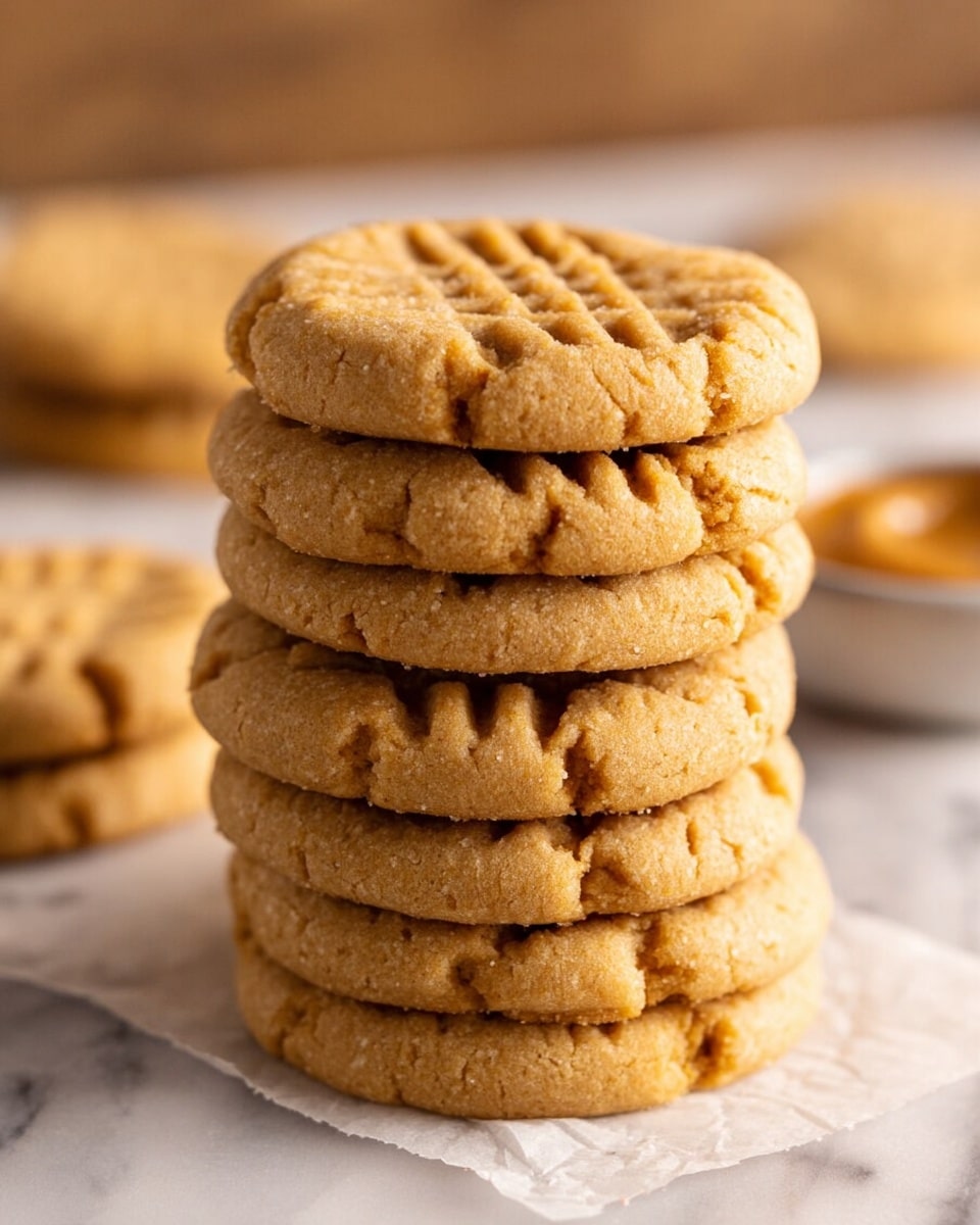 A stack of seven round peanut butter cookies with light golden brown color and visible soft texture is shown on a white marbled surface. Each cookie has a slightly raised pattern of fork marks in a grid shape pressed into the top, adding a subtle texture. The edges of the cookies are gently cracked and the stack is uneven but stable. In the background, there are blurred cookies and a small bowl on the white marbled surface, adding depth to the image. The lighting is warm and soft, highlighting the details of the cookies’ surface. Photo taken with an iphone --ar 4:5 --v 7