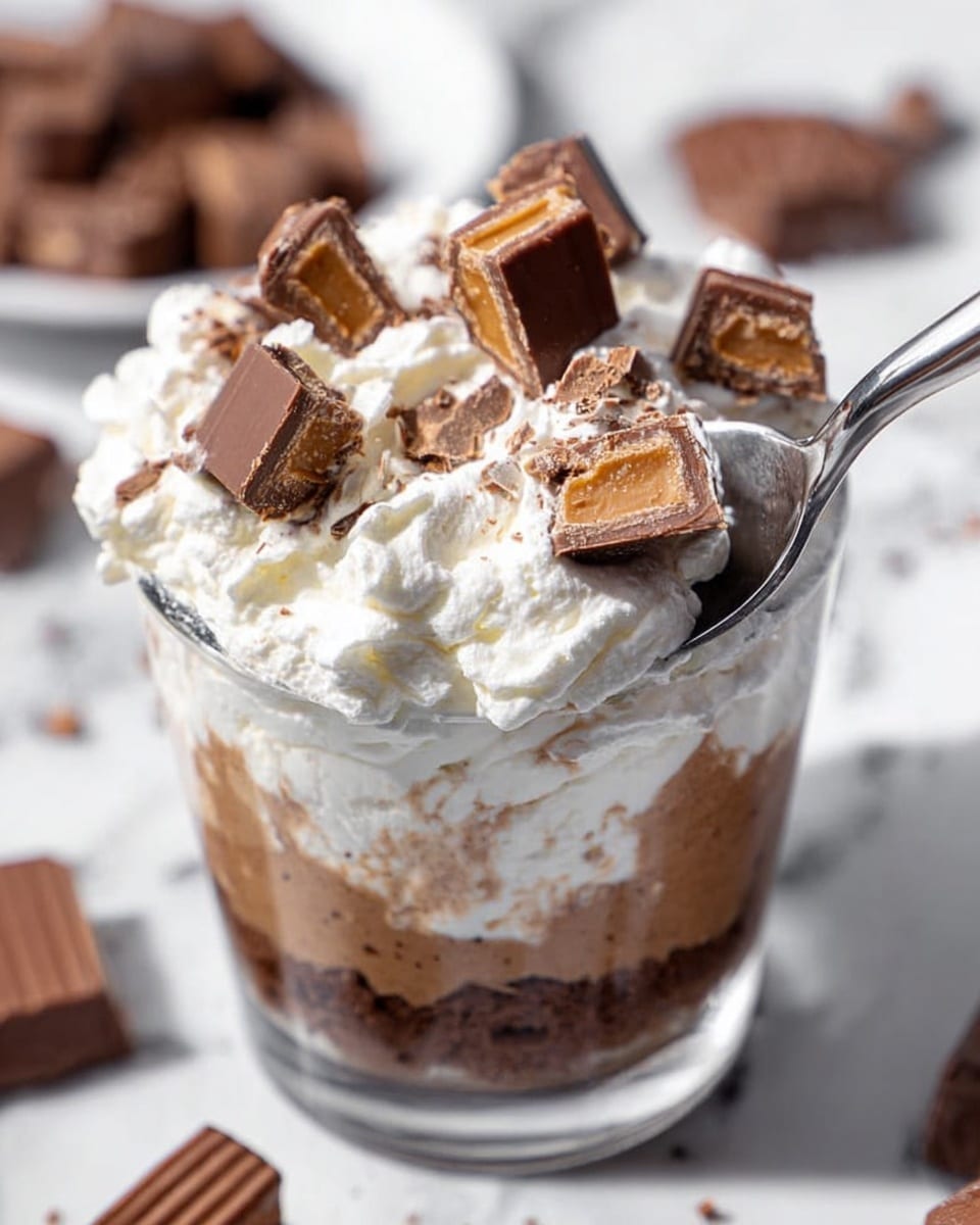 The image shows a dessert in a clear glass cup with three visible layers: a dark brown chocolate base at the bottom, a middle layer of lighter creamy texture, and a thick white whipped cream layer on top. The whipped cream is fluffy with uneven peaks and is decorated with several pieces of chocolate candy that have light brown filling inside, placed unevenly on the surface. A silver spoon is scooping into the dessert from the right side, partly covered with whipped cream. The cup sits on a white marbled surface with blurred chocolates in the background. Photo taken with an iphone --ar 4:5 --v 7