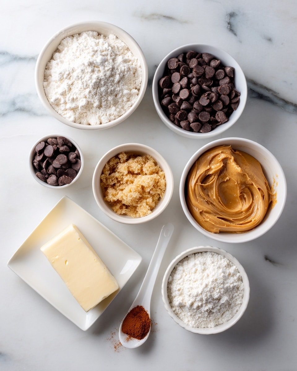 There are six small white bowls placed on a white marbled surface, each filled with different ingredients for baking. The largest bowls hold white flour and small dark brown chocolate chips. Nearby, there is a bowl with light brown peanut butter. A smaller bowl contains light tan brown sugar. Additionally, there is a small square white dish with a slab of butter and a tiny white spoon with some reddish-brown powder. The bowls are arranged in a loose circle with enough space between them to see the marble underneath, and the light makes everything look fresh and clean. photo taken with an iphone --ar 4:5 --v 7