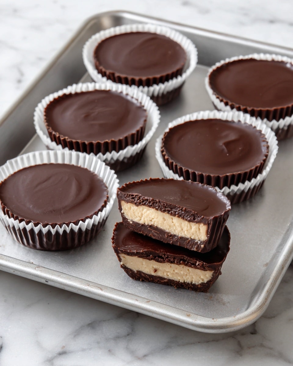 A silver metal baking tray holds six white paper cups filled with smooth, dark brown chocolate cups. One chocolate cup at the front is cut in half, showing two layers inside: a thick dark brown chocolate outer shell and a creamy light brown filling at the center. The tray rests on a white marbled surface with the chocolate cups arranged in neat rows. photo taken with an iphone --ar 4:5 --v 7