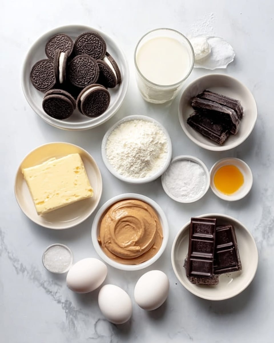The image shows various baking ingredients arranged neatly on a white marbled surface. There is a white bowl filled with whole sandwich cookies, a white bowl with small squares of dark chocolate, and a small white bowl with a thick light brown spread. Nearby, there are small white bowls containing white powder, butter, and creamy white substances. Three eggs lie directly on the surface, alongside a white bowl filled with granulated white sugar, and a small bowl with a golden brown liquid. A glass of milk stands on the side, completing the clean and bright setup. Photo taken with an iphone --ar 4:5 --v 7