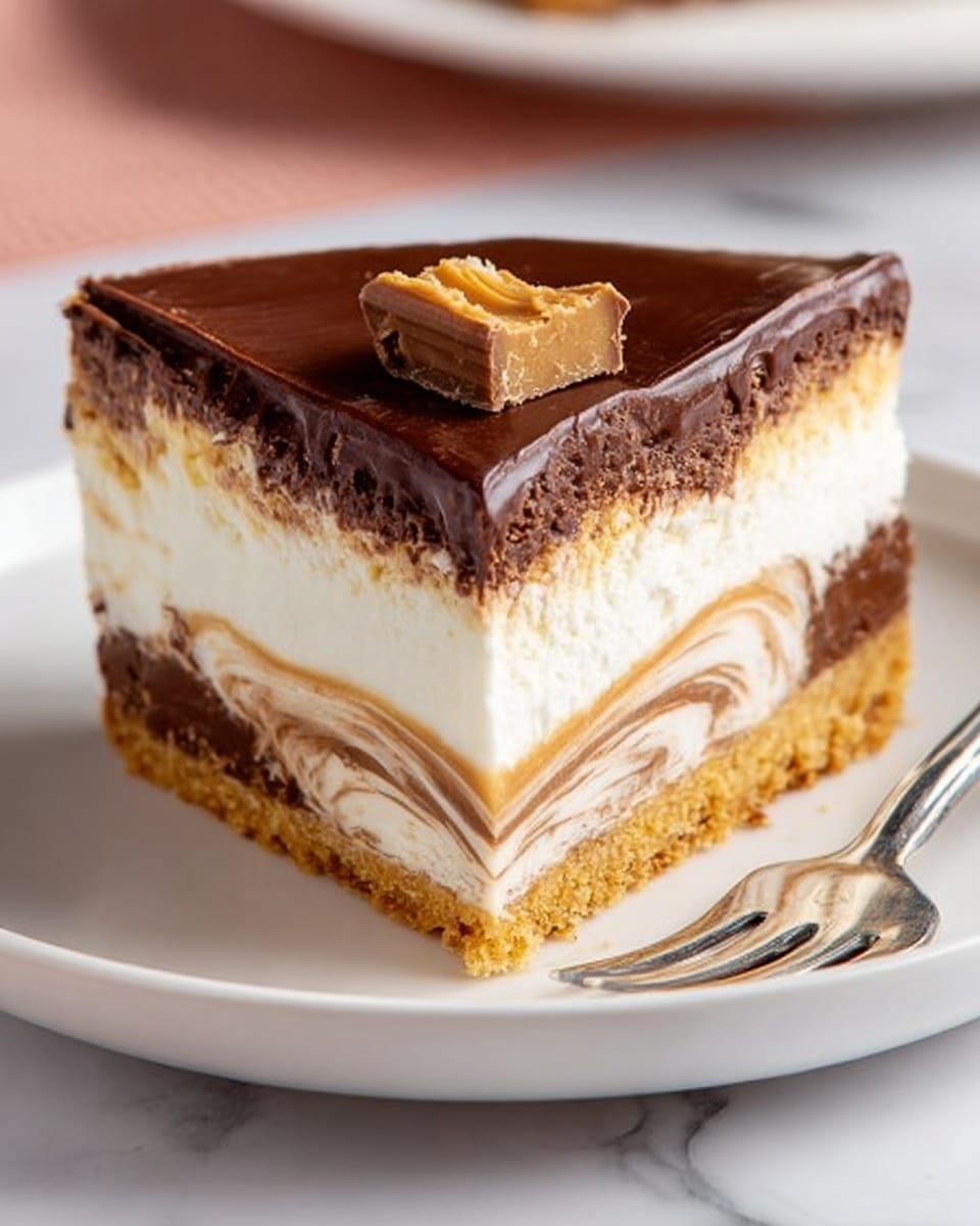 A slice of layered dessert with four clear layers on a white plate, placed on a white marbled surface. The bottom layer is a dense, golden-brown crust. Above it is a thick, smooth white cream layer. The third layer is a softer, swirled mix of light brown and white cream, giving a marbled look. The top layer is a shiny, dark chocolate glaze that covers the slice evenly, decorated with a small piece of peanut butter candy. A silver fork is placed beside the slice. Photo taken with an iphone --ar 4:5 --v 7