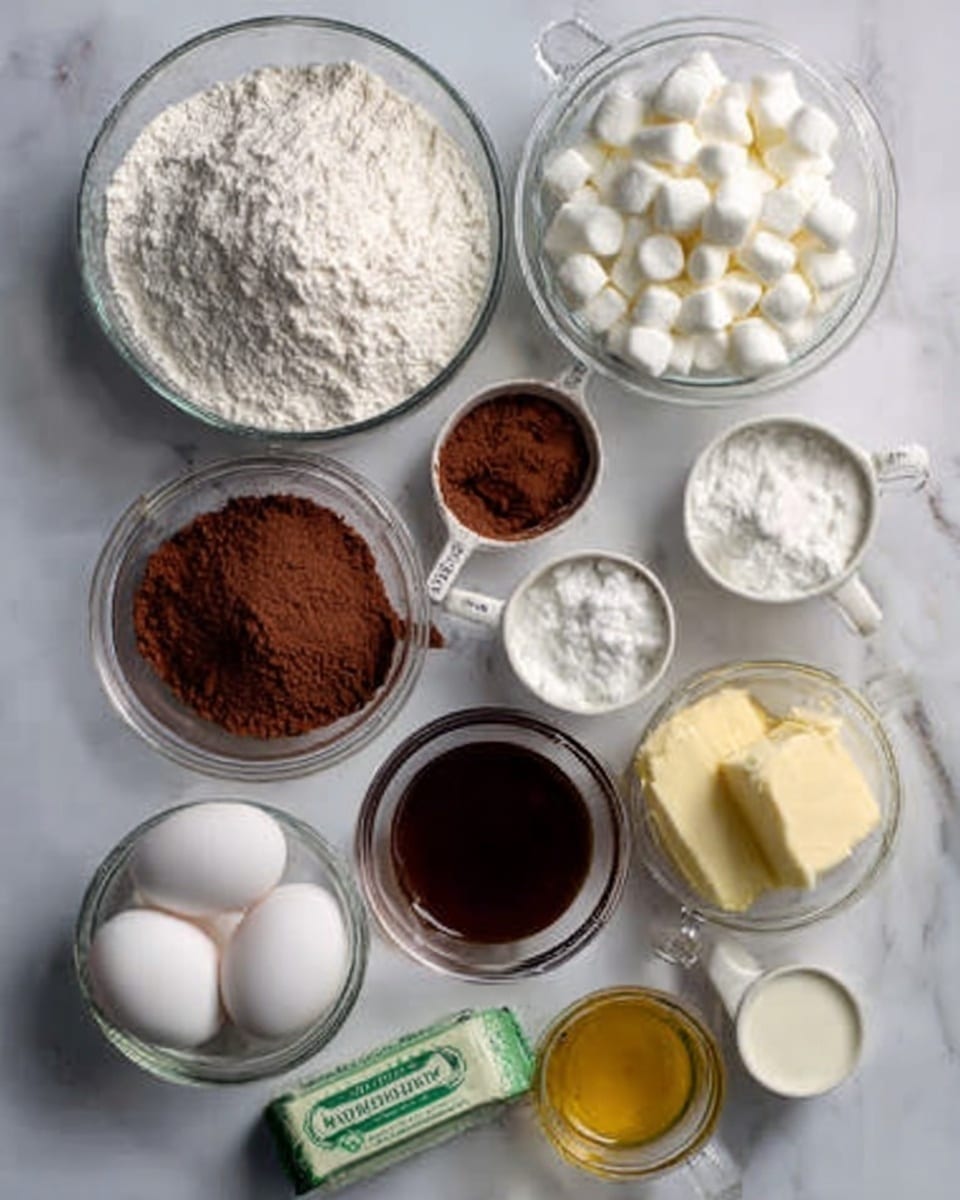 The image shows a white marbled surface with various ingredients placed carefully. There are two clear glass bowls filled with white flour, one bowl filled with small white marshmallows, a white measuring cup with brown cocoa powder, and another white measuring cup with white sugar. Next to these, there is a stick of green-wrapped butter, three white eggs, a small clear bowl with golden yellow butter, a clear glass cup containing a dark brown liquid, and a white measuring cup with cream. All the ingredients are arranged neatly in a visually clean and organized manner. photo taken with an iphone --ar 4:5 --v 7