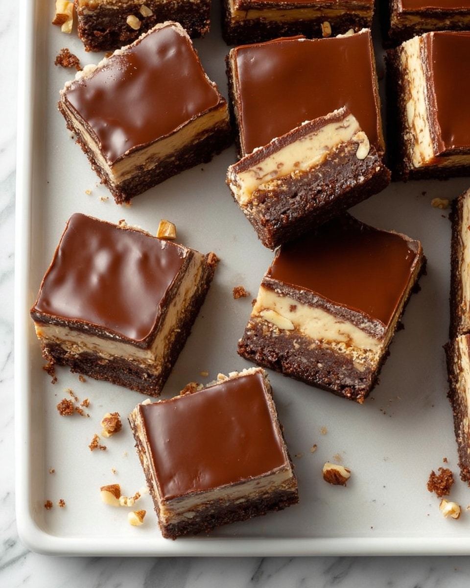 The image shows a white baking tray with several square pieces of a layered dessert. Each piece has three distinct layers: the bottom layer is a dark brown, crumbly base; the middle layer is a light tan, creamy filling with visible small nuts embedded; the top layer is a smooth, shiny milk chocolate glaze that covers the dessert evenly. Some nuts peek out around the edges on a few pieces. The tray sits on a white marbled surface. The edges of the tray have crumbs scattered around the cut pieces, and one piece appears to be slightly raised as if recently picked up photo taken with an iphone --ar 4:5 --v 7