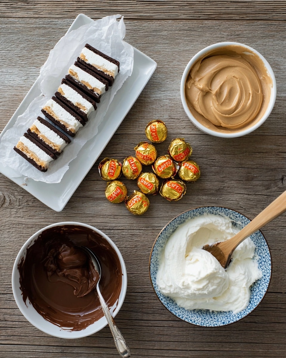 The image shows a wooden table with five main items arranged: at the top left, there is a white rectangular plate holding a long ice cream sandwich with two dark brown chocolate cookie layers enclosing white ice cream, partially wrapped in torn white parchment paper; at the bottom left, there is a white bowl filled with thick, smooth, dark brown melted chocolate with a spoon resting inside; in the center, a loose pile of small, gold-wrapped peanut butter cup chocolates with orange and red accents; at the top right, a white bowl filled with creamy light brown peanut butter with a spoon inside, showing swirled texture; at the bottom right, a white bowl with a blue patterned rim containing thick white whipped cream or frosting, with a wooden spoon scooping some of it. The table is a light brown wood texture. photo taken with an iphone --ar 4:5 --v 7
