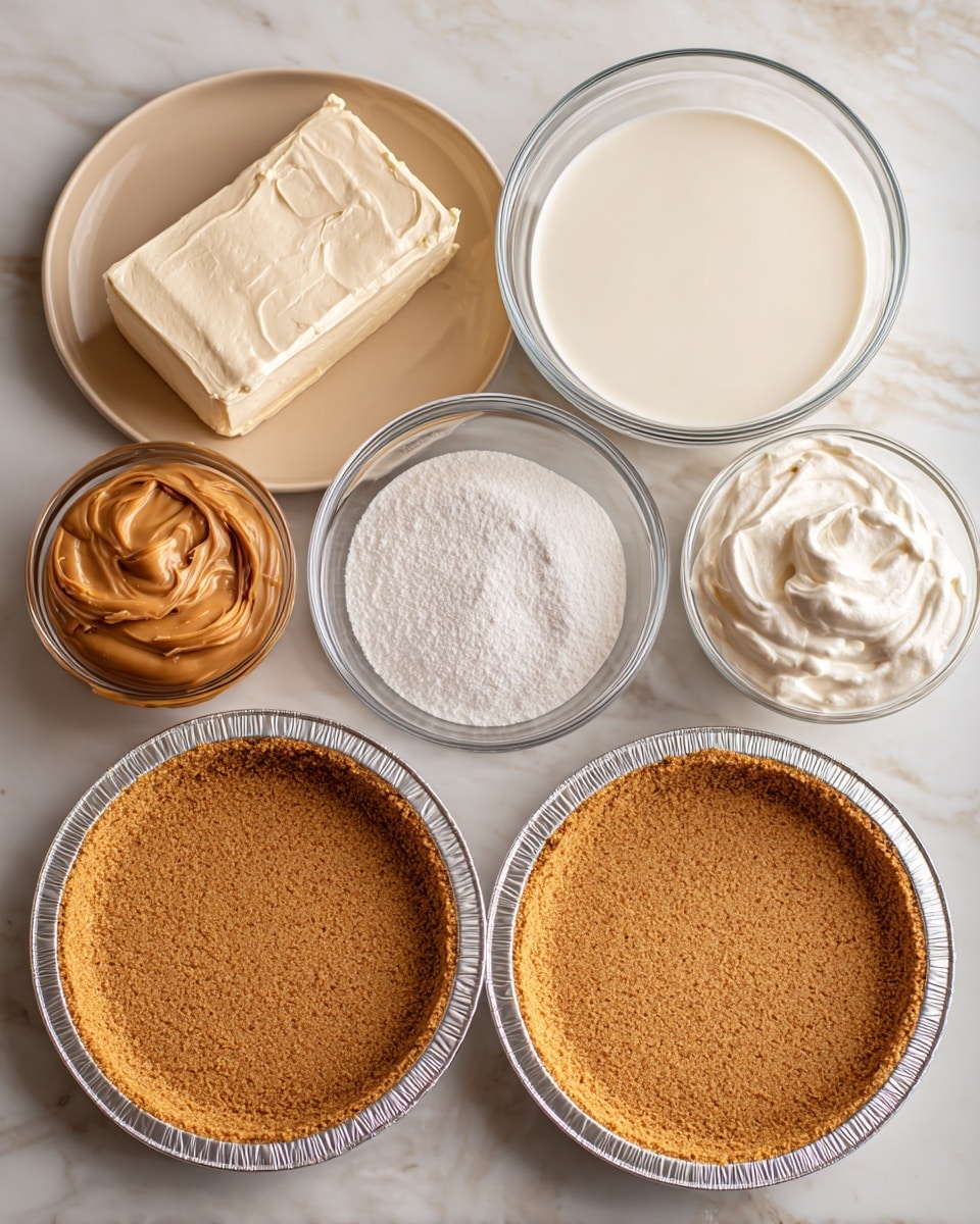 The image shows the ingredients for a dessert laid out on a white marbled surface. There are two empty round graham cracker crusts with a light golden brown color in silver foil pans, placed side by side on the right. To the left, several small bowls and a plate hold the ingredients: a neat block of cream cheese on a small oval beige plate at the top left, a small bowl of smooth light brown peanut butter below it, a clear glass bowl with white powdered sugar next to the peanut butter, a clear glass bowl with white milk above the peanut butter, and an open container with soft white whipped topping at the bottom left. All the colors are soft and natural, with smooth and creamy textures visible in the bowls. Photo taken with an iphone --ar 4:5 --v 7
